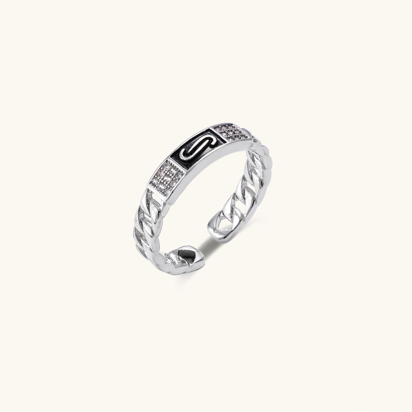 Two adjustable white gold plated rings with chain-link bands, featuring cubic zirconia halo and enamel details